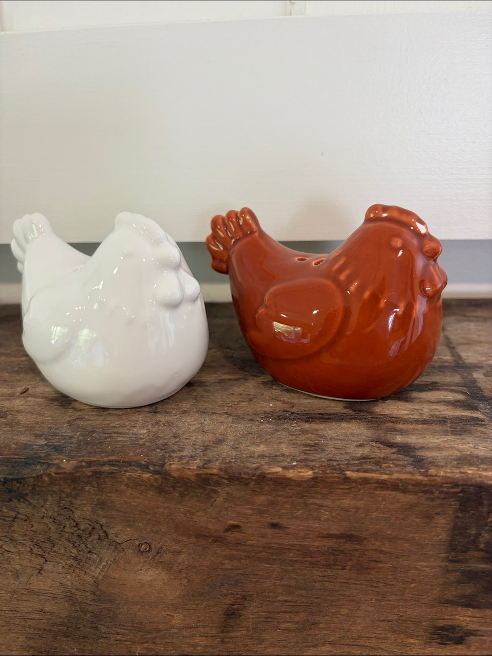 Ceramic Chicken Salt and Pepper Shakers - White & Burnt Orange